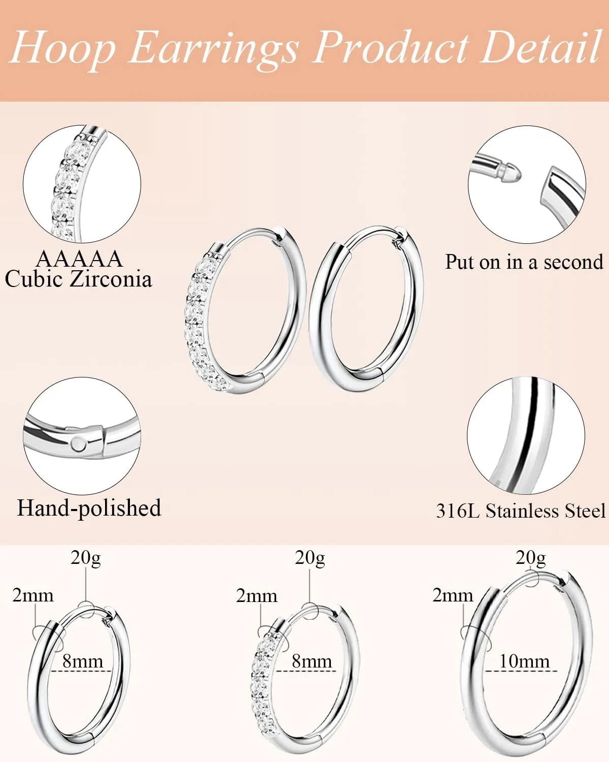 Surgical Steel Stud Earrings for Women, Hypoallergenic Flat Back Earrings for Sensitive Ears, Small Cartilage Huggie Hoop Earrings Ball CZ Opal Screw Back Stud Earrings for Women Men