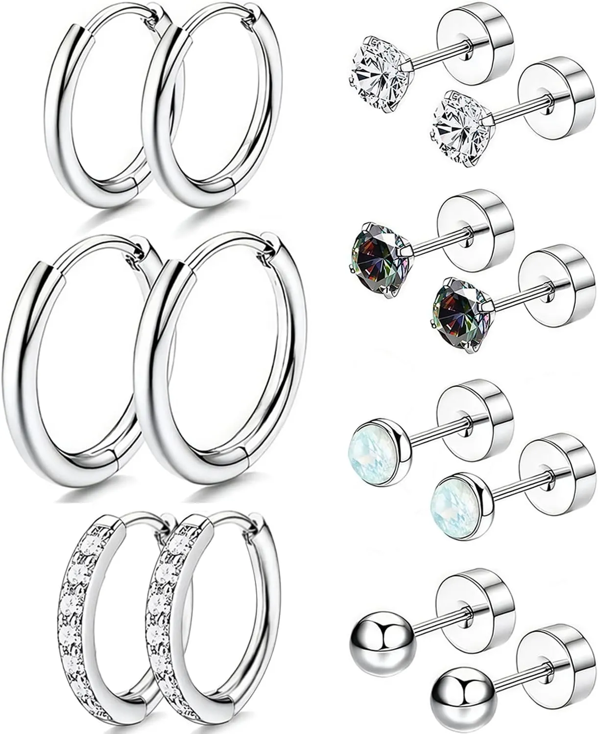 Surgical Steel Stud Earrings for Women, Hypoallergenic Flat Back Earrings for Sensitive Ears, Small Cartilage Huggie Hoop Earrings Ball CZ Opal Screw Back Stud Earrings for Women Men
