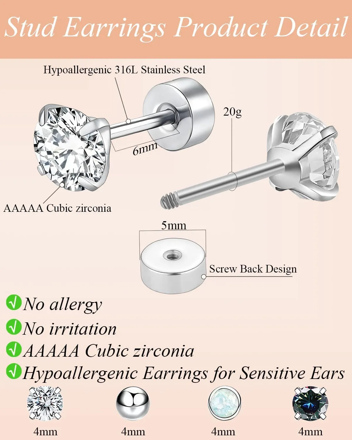 Surgical Steel Stud Earrings for Women, Hypoallergenic Flat Back Earrings for Sensitive Ears, Small Cartilage Huggie Hoop Earrings Ball CZ Opal Screw Back Stud Earrings for Women Men