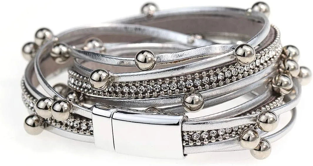 Suyi Women Wrap Bracelet Multilayered Leather Braided Bangle Wrist Cuff Bangles with Magnetic Buckle