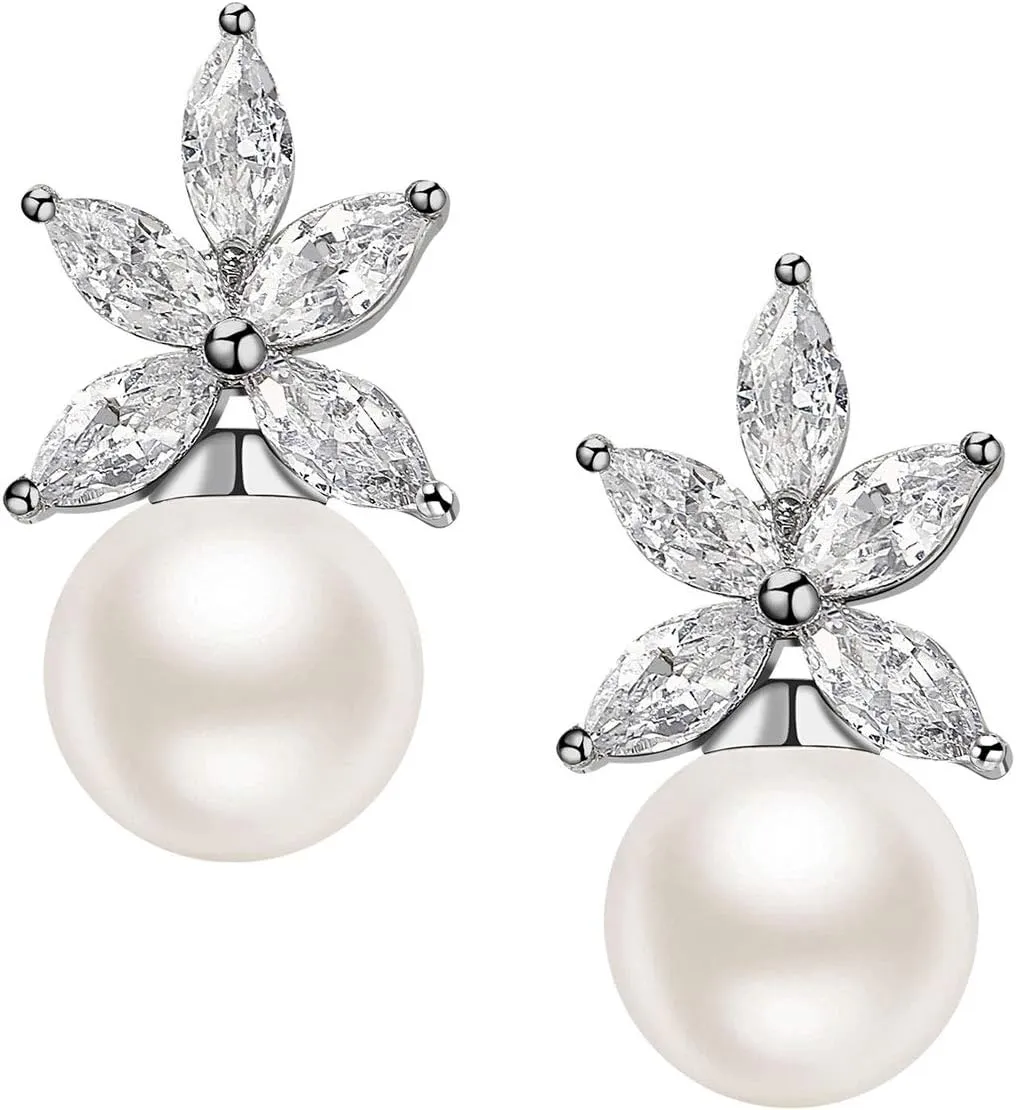 SWEETV Cluster Pearl Wedding Earrings for Birdes Bridesmaid, Crystal CZ Pearl Stud Earrings for Women, Prom, Ivory
