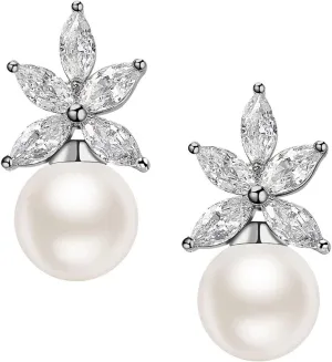 SWEETV Cluster Pearl Wedding Earrings for Birdes Bridesmaid, Crystal CZ Pearl Stud Earrings for Women, Prom, Ivory