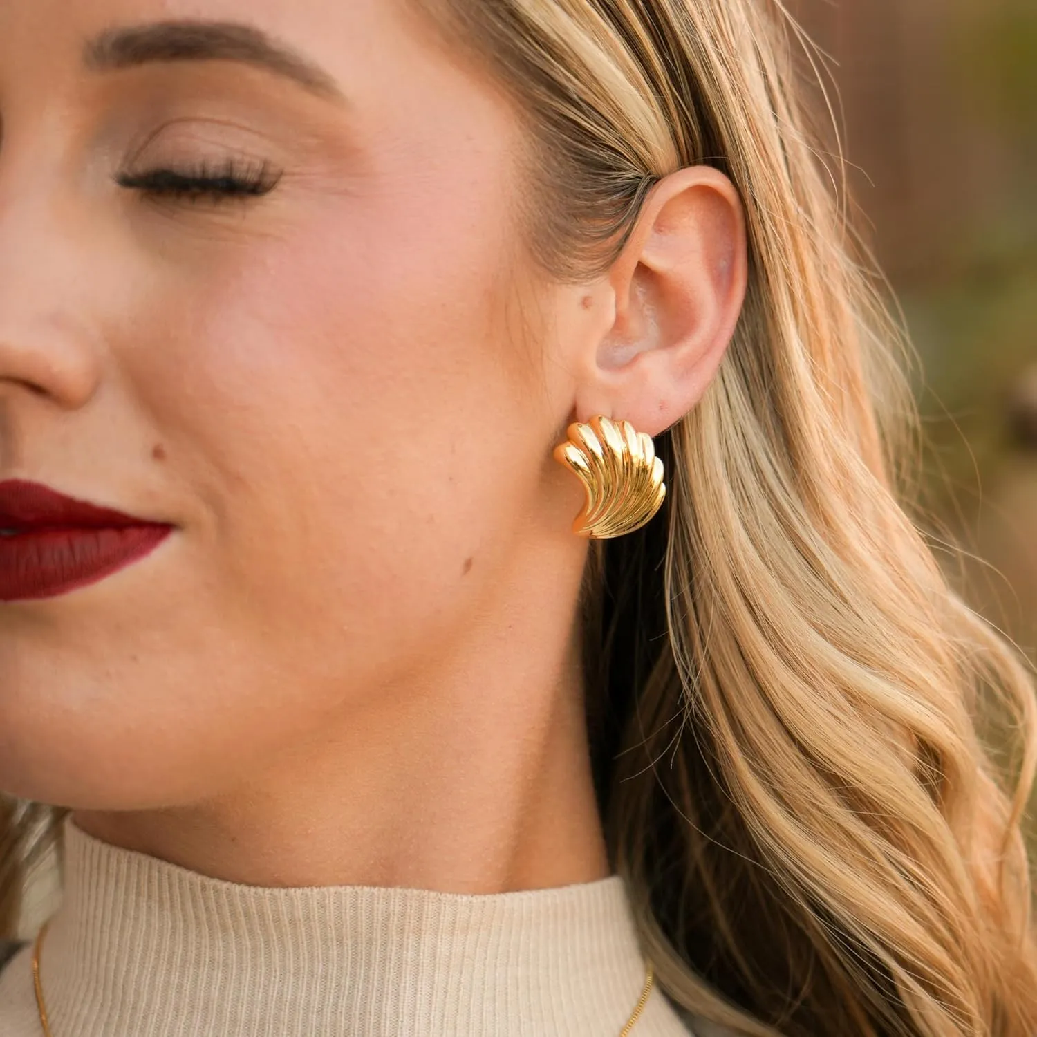 Swirl Bold Stud Earrings | 18K Gold-Plated Grooved Earrings | Gold Feather Textured Statement Earrings