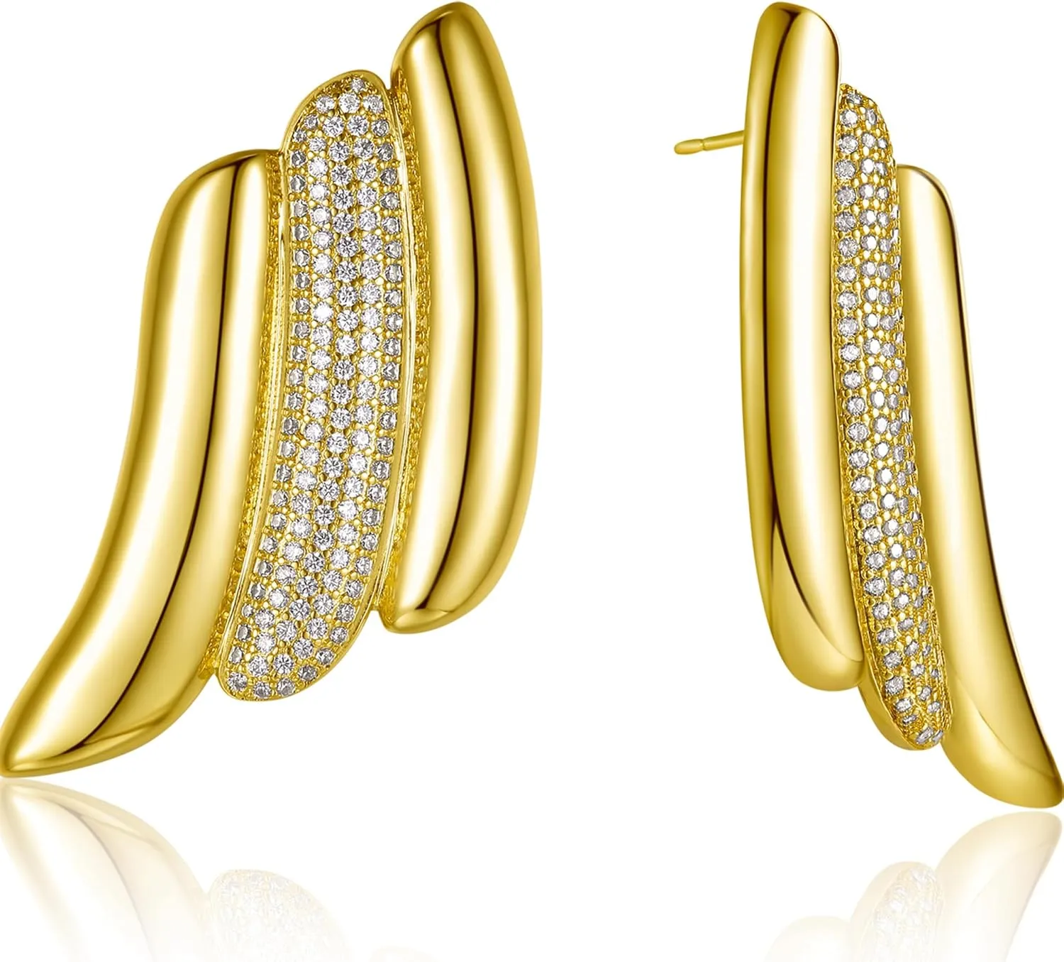 Swirl Bold Stud Earrings | 18K Gold Plated Triple Wave On The Ear Stud Earring | Large Wing Statement Earrings