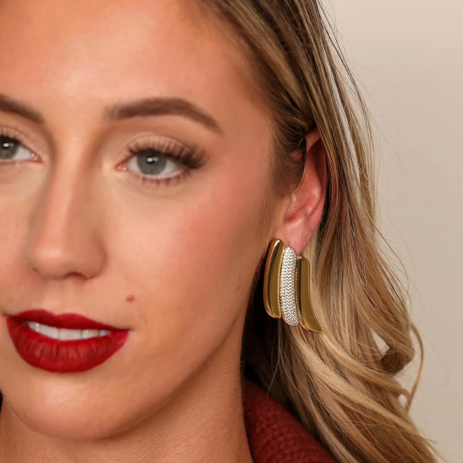 Swirl Bold Stud Earrings | 18K Gold Plated Triple Wave On The Ear Stud Earring | Large Wing Statement Earrings