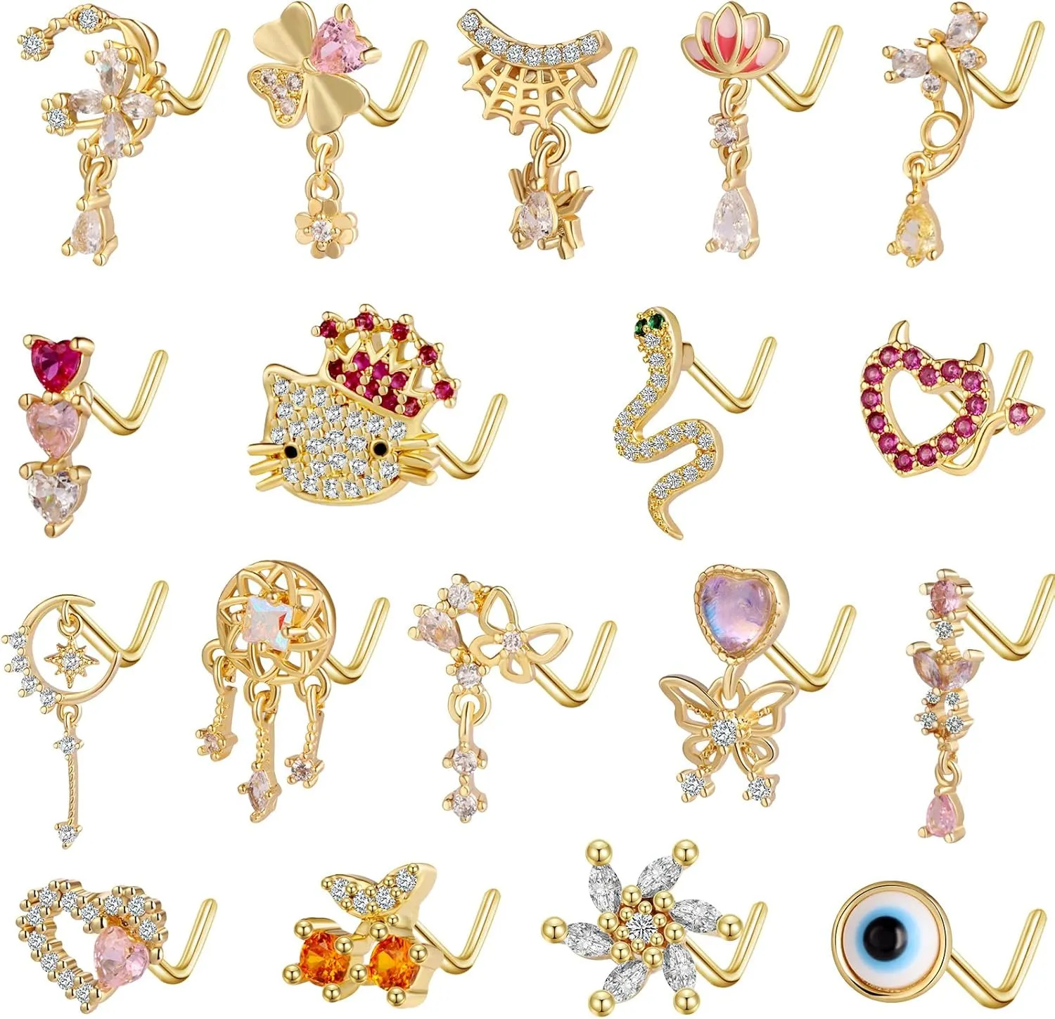 TAMHOO 18Pcs Nose Rings - L Shape, Butterfly & Heart Designs - Gold Nose Studs for Women