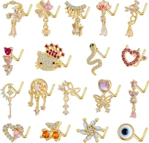 TAMHOO 18Pcs Nose Rings - L Shape, Butterfly & Heart Designs - Gold Nose Studs for Women