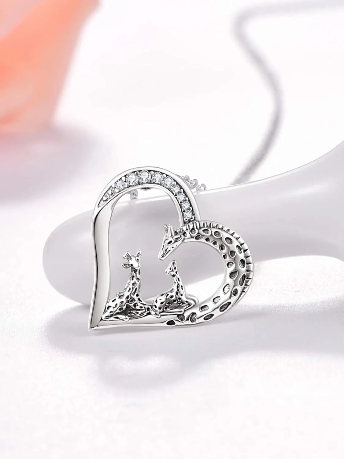 TANGPOET Giraffe Heart Pendant Necklace for Women Mom Grandma 925 Sterling Silver Giraffe Family Necklaces Jewelry Birthday Gifts with 18"  2" Chain