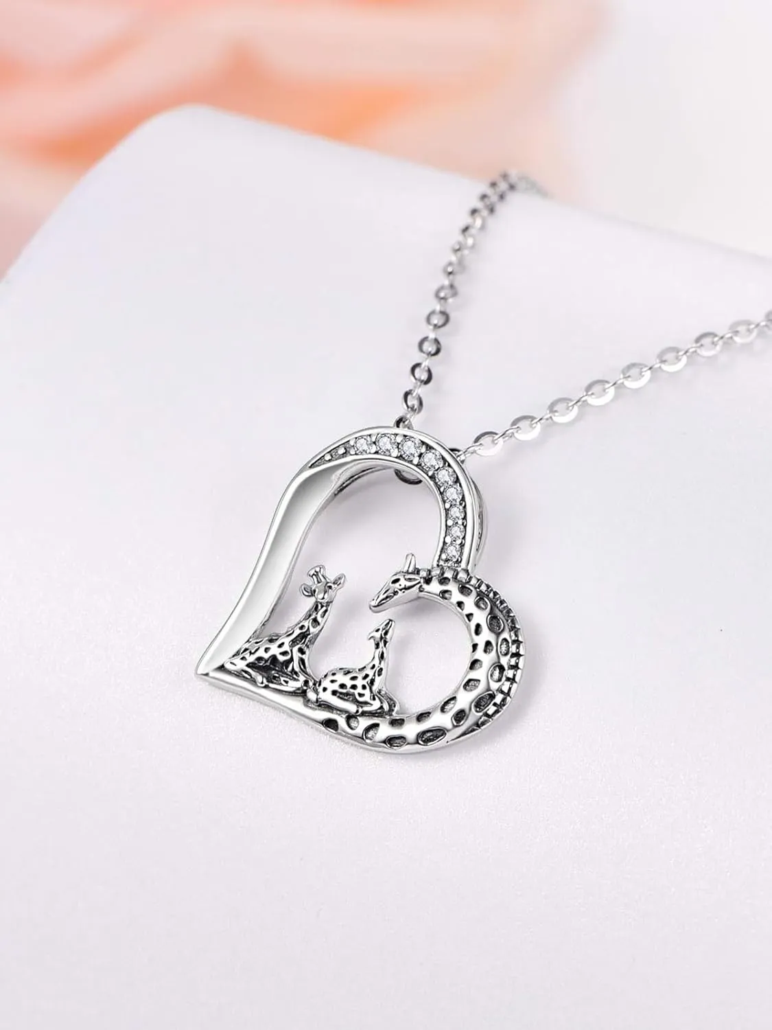TANGPOET Giraffe Heart Pendant Necklace for Women Mom Grandma 925 Sterling Silver Giraffe Family Necklaces Jewelry Birthday Gifts with 18"  2" Chain