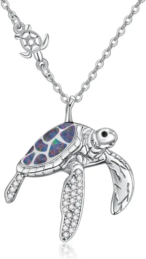 TANGPOET Turtle Necklaces 925 Sterling Silver Sea Turtle Pendant Ocean Jewelry for Women with S925 18" 2" Cable Chain