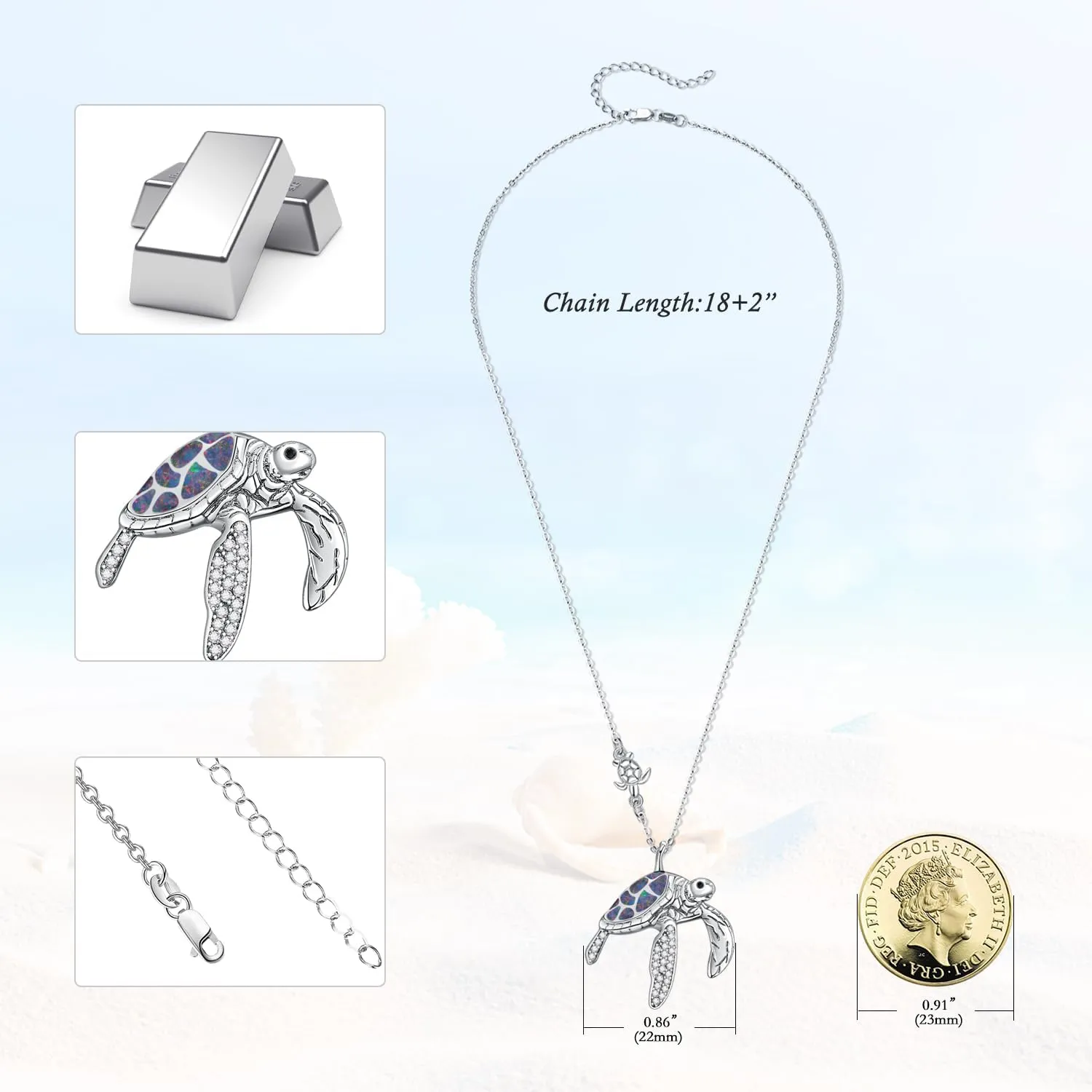 TANGPOET Turtle Necklaces 925 Sterling Silver Sea Turtle Pendant Ocean Jewelry for Women with S925 18" 2" Cable Chain