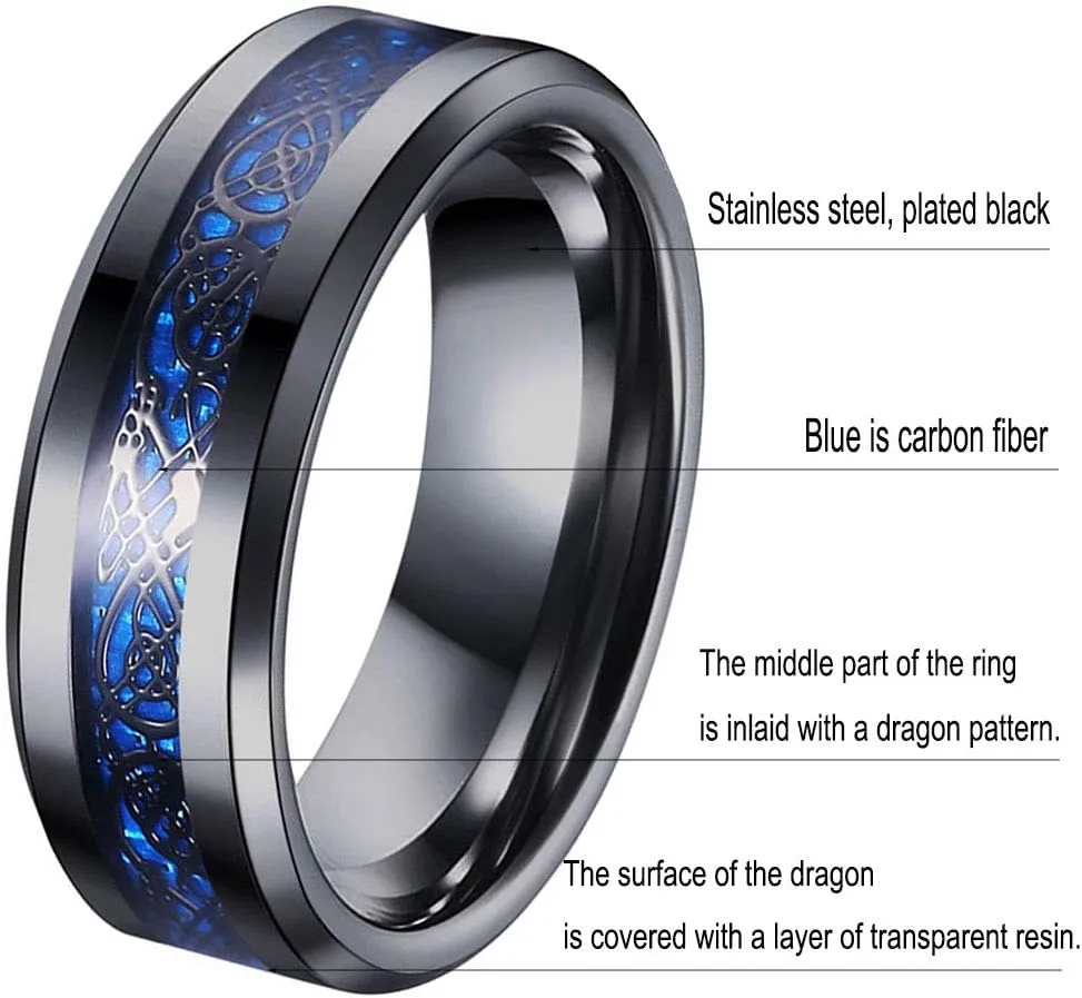 Tanyoyo 8mm Blue Black Dragon Pattern Beveled Edges Celtic Rings Jewelry Wedding Band For Men 7-14