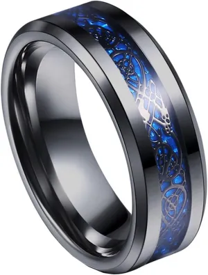Tanyoyo 8mm Blue Black Dragon Pattern Beveled Edges Celtic Rings Jewelry Wedding Band For Men 7-14