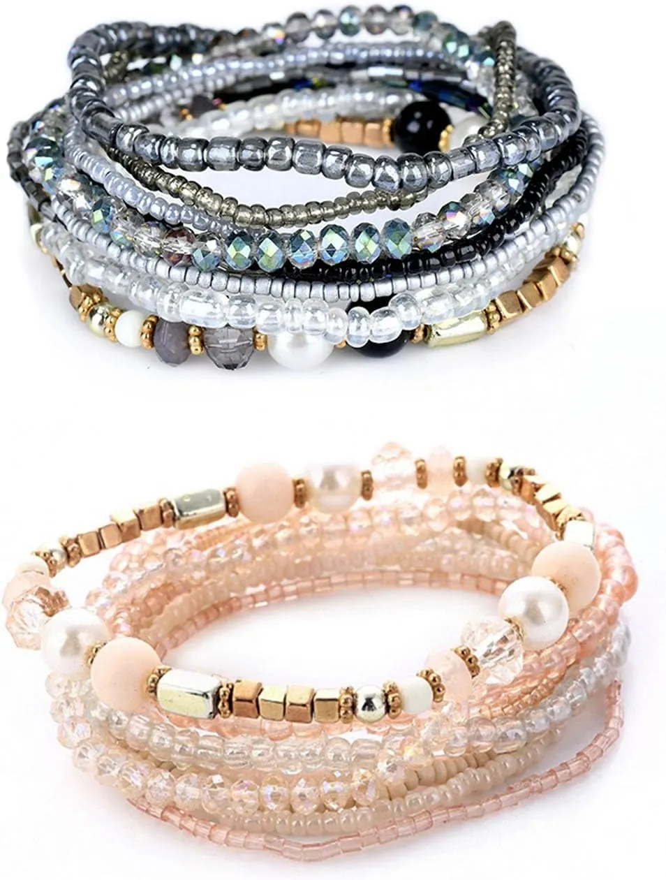 tenghong2021 Boho Handmade Bohemian Colorful Crystal Beaded Bracelets Set for Women Multilayer Adjustable Stackable Stretch Charms Cuff Bangle for Women Friendship Gifts Summer Beach Jewelry