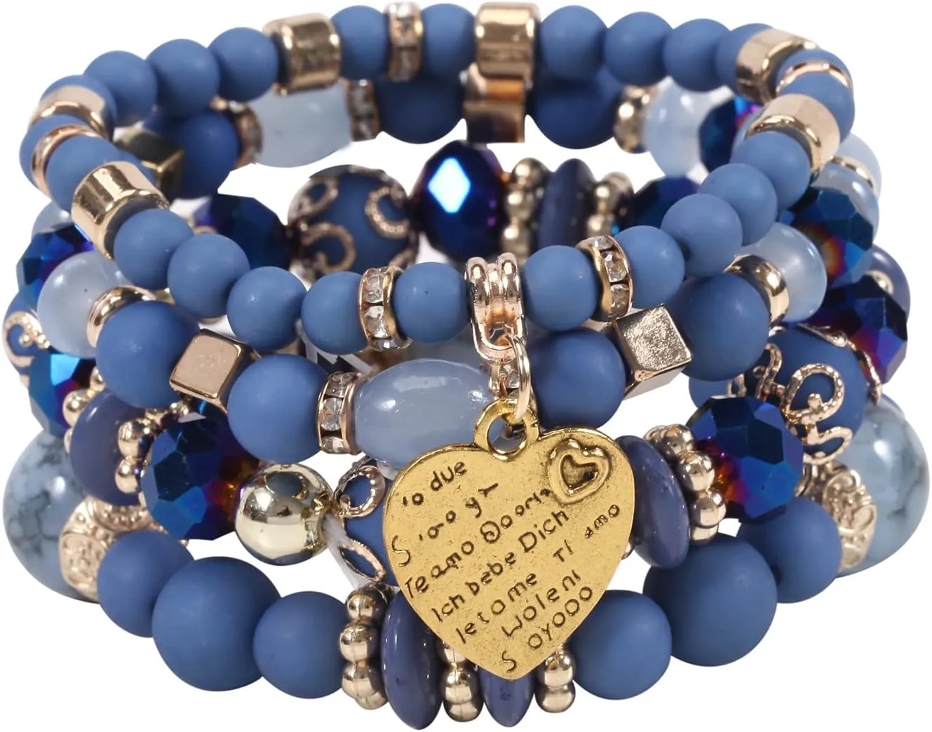 tenghong2021 Boho Stackable Beaded Bracelets for Women Mixed Color Multi-Layer Beaded Stretch Bracelet Set Crystal Stone Heart Letter Gold Charm Gemstone Bangles for Men Summer Beach Gifts Jewelry