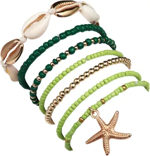 tenghong2021 Layered Shell Beaded Bracelets for Women Seashell Beaded Woven Bracelet Summer Beach Wind Starfish Rice Beads Seven-Piece Set for Women Jewelry Accessories