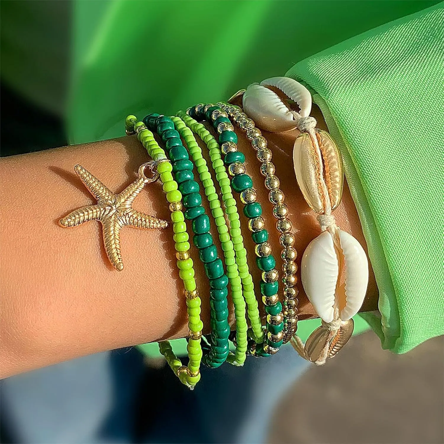 tenghong2021 Layered Shell Beaded Bracelets for Women Seashell Beaded Woven Bracelet Summer Beach Wind Starfish Rice Beads Seven-Piece Set for Women Jewelry Accessories