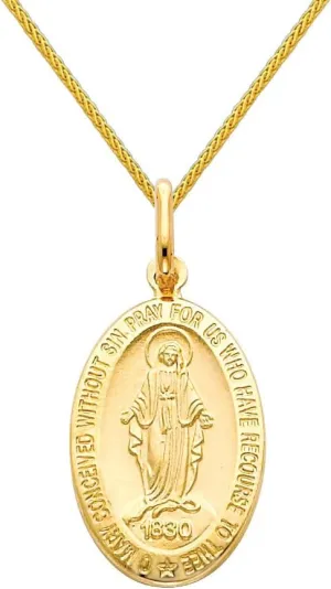 The World Jewelry Center 14k Yellow Gold Religious Miraculous Mary Medal Pendant with 0.9mm Braided Wheat Chain Necklace