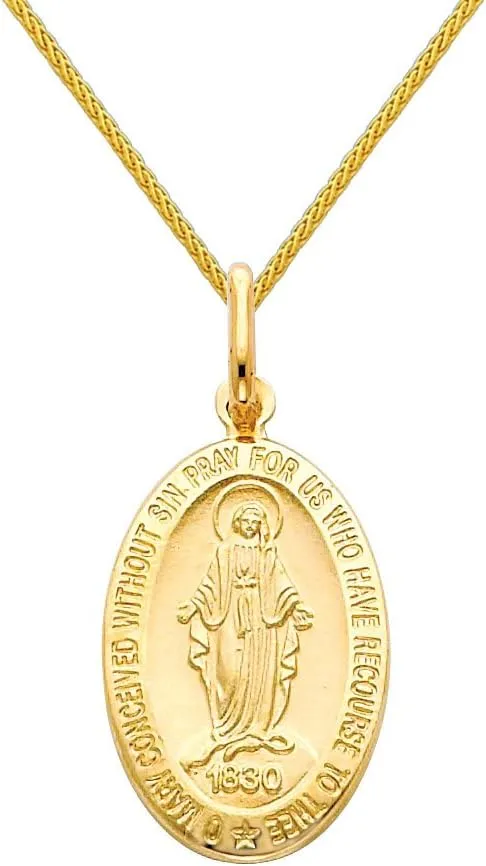 The World Jewelry Center 14k Yellow Gold Religious Miraculous Mary Medal Pendant with 0.9mm Braided Wheat Chain Necklace