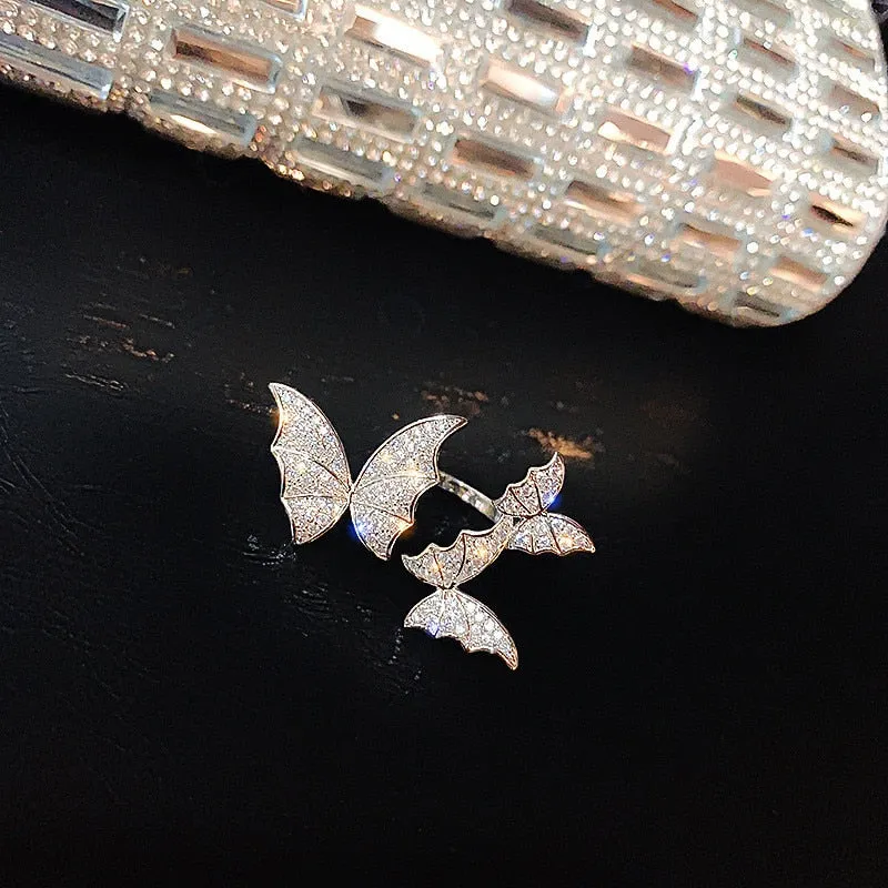 Three Butterfly Crystal Rings Adjustable Shine Rhinestone Ring
