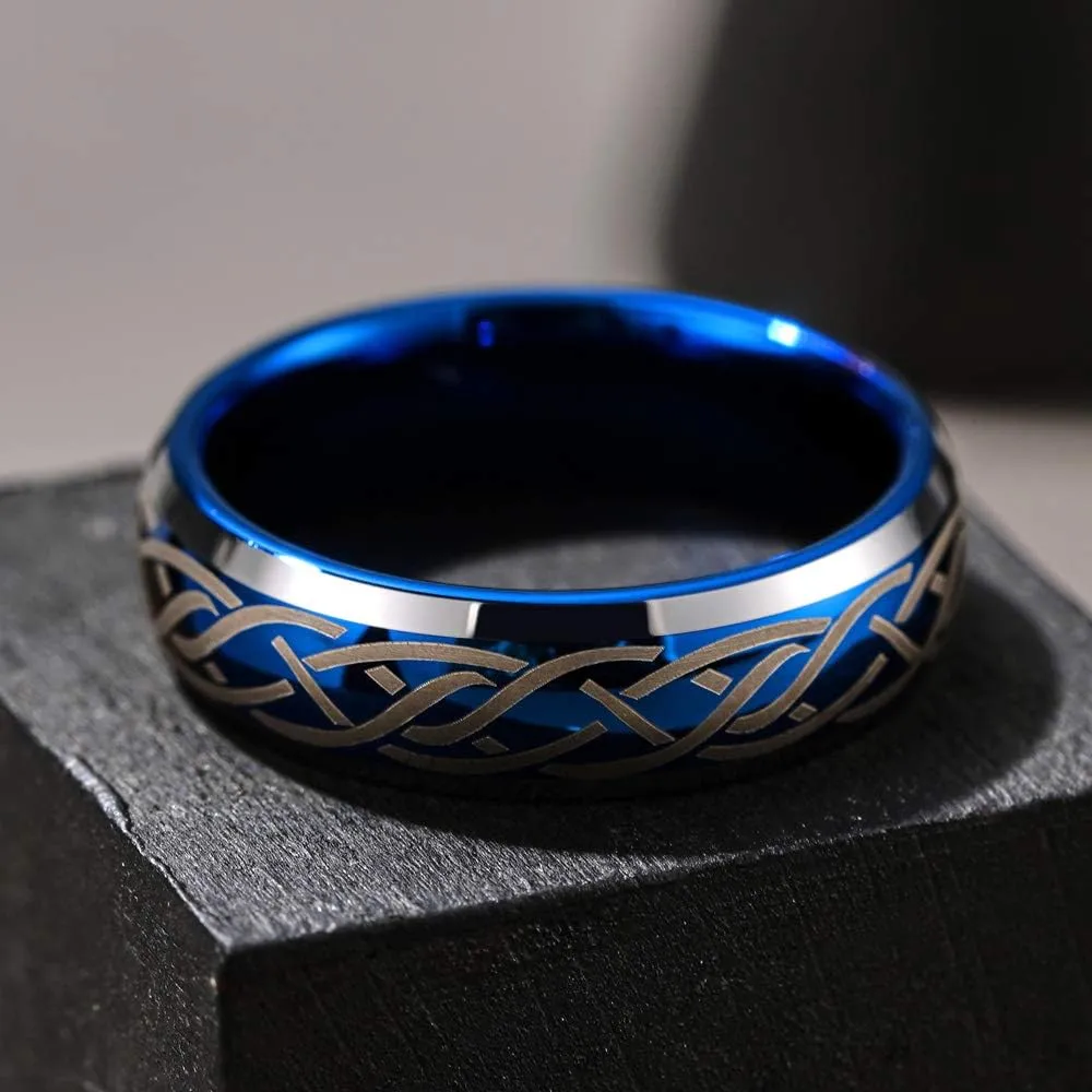THREE KEYS JEWELRY Mens Charming Jewelry Laser Celtic Knot Tungsten 6mm/8mm Wedding Carbide Blue Ring Band for Men Engagement Ring