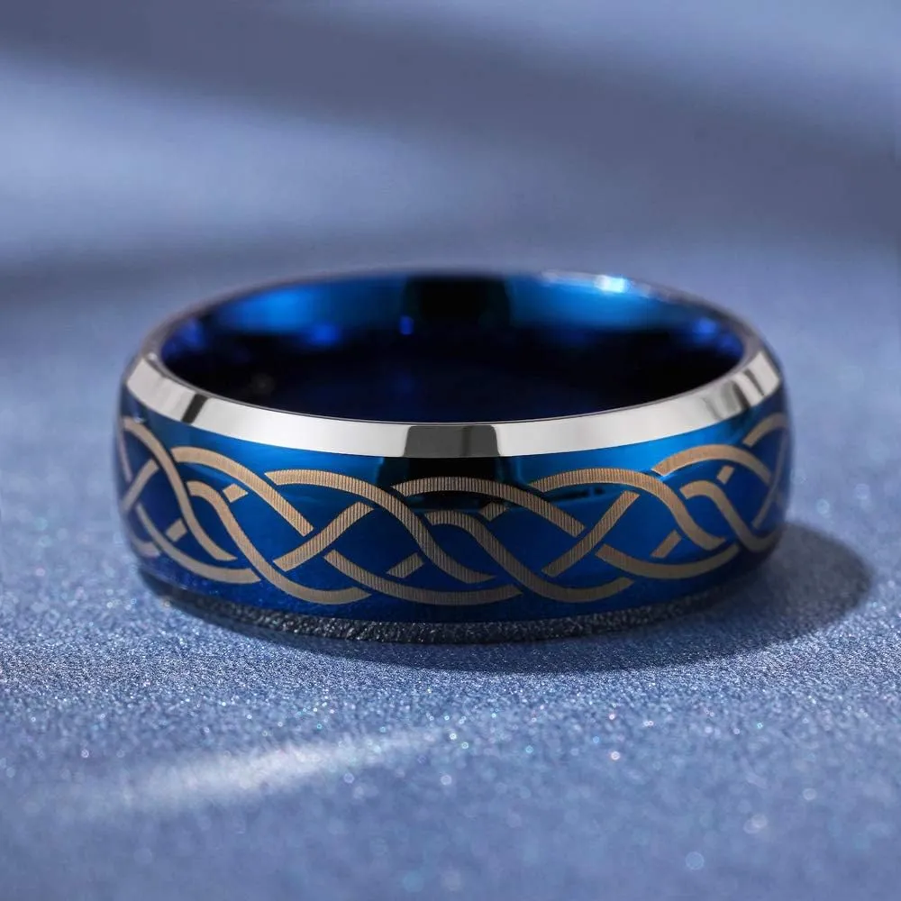 THREE KEYS JEWELRY Mens Charming Jewelry Laser Celtic Knot Tungsten 6mm/8mm Wedding Carbide Blue Ring Band for Men Engagement Ring
