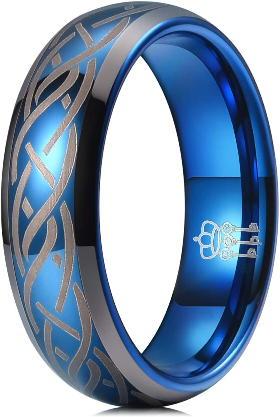 THREE KEYS JEWELRY Mens Charming Jewelry Laser Celtic Knot Tungsten 6mm/8mm Wedding Carbide Blue Ring Band for Men Engagement Ring