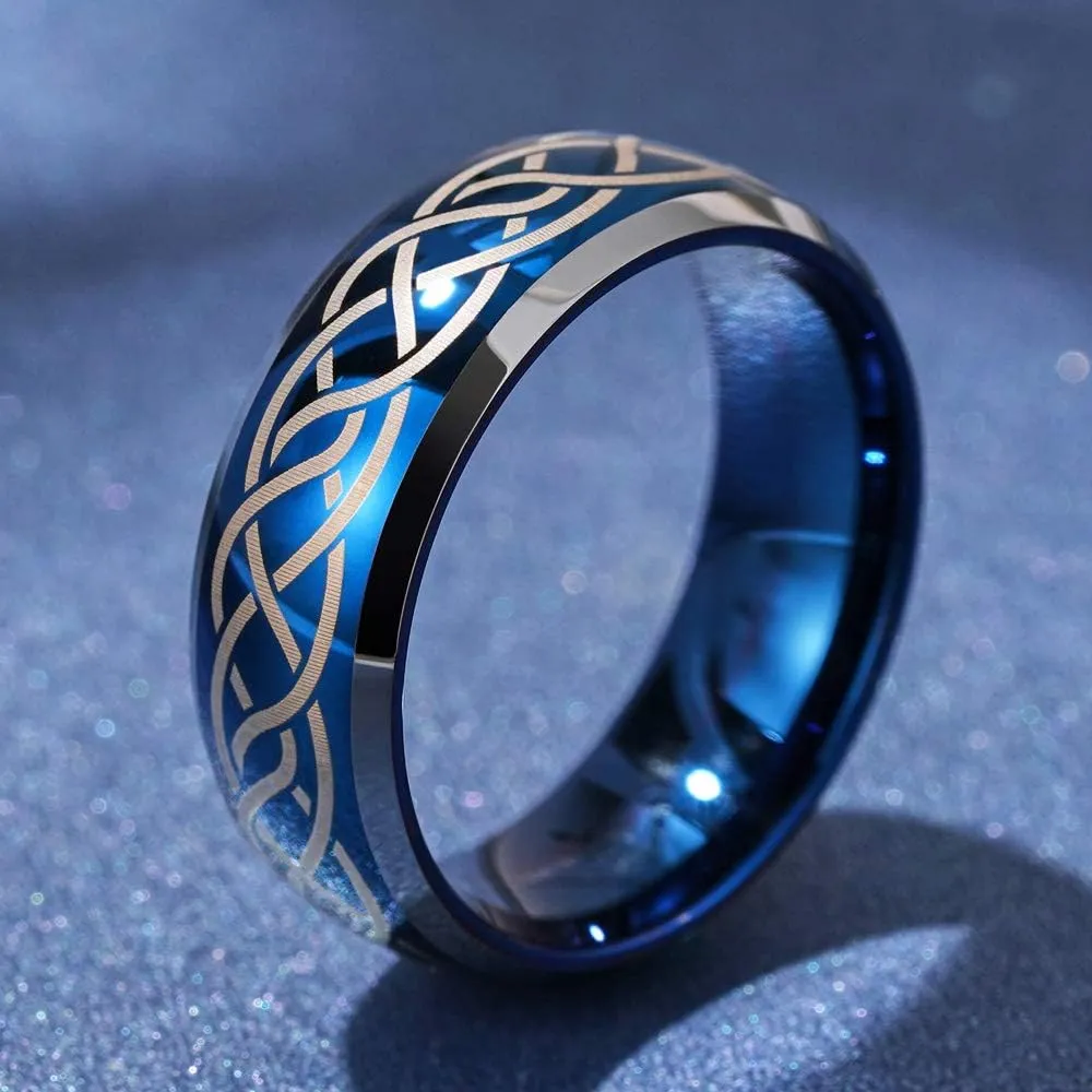 THREE KEYS JEWELRY Mens Charming Jewelry Laser Celtic Knot Tungsten 6mm/8mm Wedding Carbide Blue Ring Band for Men Engagement Ring
