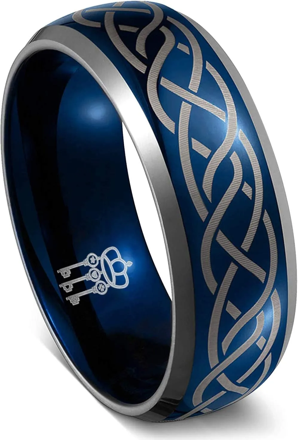 THREE KEYS JEWELRY Mens Charming Jewelry Laser Celtic Knot Tungsten 6mm/8mm Wedding Carbide Blue Ring Band for Men Engagement Ring