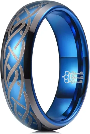 THREE KEYS JEWELRY Mens Charming Jewelry Laser Celtic Knot Tungsten 6mm/8mm Wedding Carbide Blue Ring Band for Men Engagement Ring