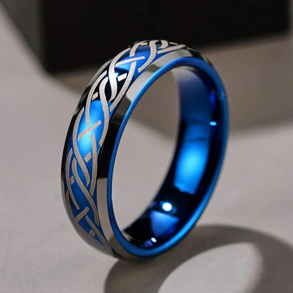 THREE KEYS JEWELRY Mens Charming Jewelry Laser Celtic Knot Tungsten 6mm/8mm Wedding Carbide Blue Ring Band for Men Engagement Ring