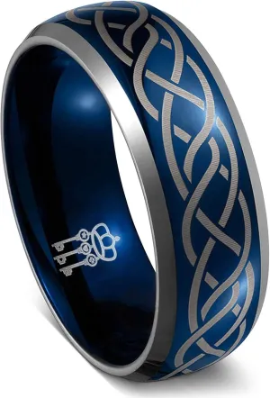 THREE KEYS JEWELRY Mens Charming Jewelry Laser Celtic Knot Tungsten 6mm/8mm Wedding Carbide Blue Ring Band for Men Engagement Ring