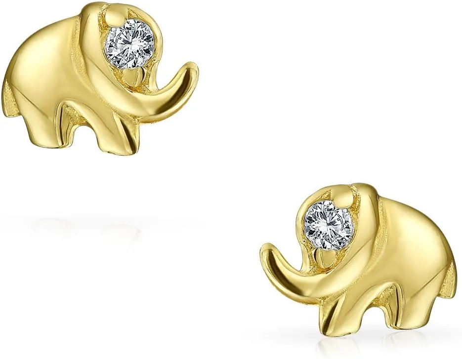 Tiny Minimalist CZ Accent Zoo Animal Lucky Elephant Real Yellow 14K Gold Helix Earlobe Stud Earrings For Women Teen Screw back