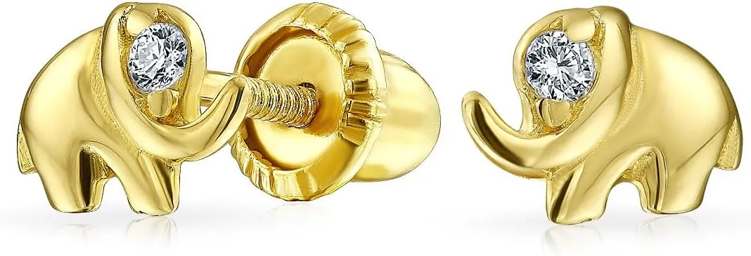 Tiny Minimalist CZ Accent Zoo Animal Lucky Elephant Real Yellow 14K Gold Helix Earlobe Stud Earrings For Women Teen Screw back