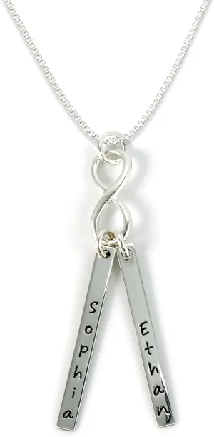 Together for Infinity Personalized Name Necklace. Customizable Sterling Silver Rectangular Pendant Necklace. Includes Infinity Symbol Charm and Sterling Silver Chain of Your Choice