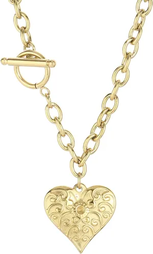 Toggle Clasp Heart Pendant Necklace Stainless Steel Chunky Chain Vintage Style Jewelry