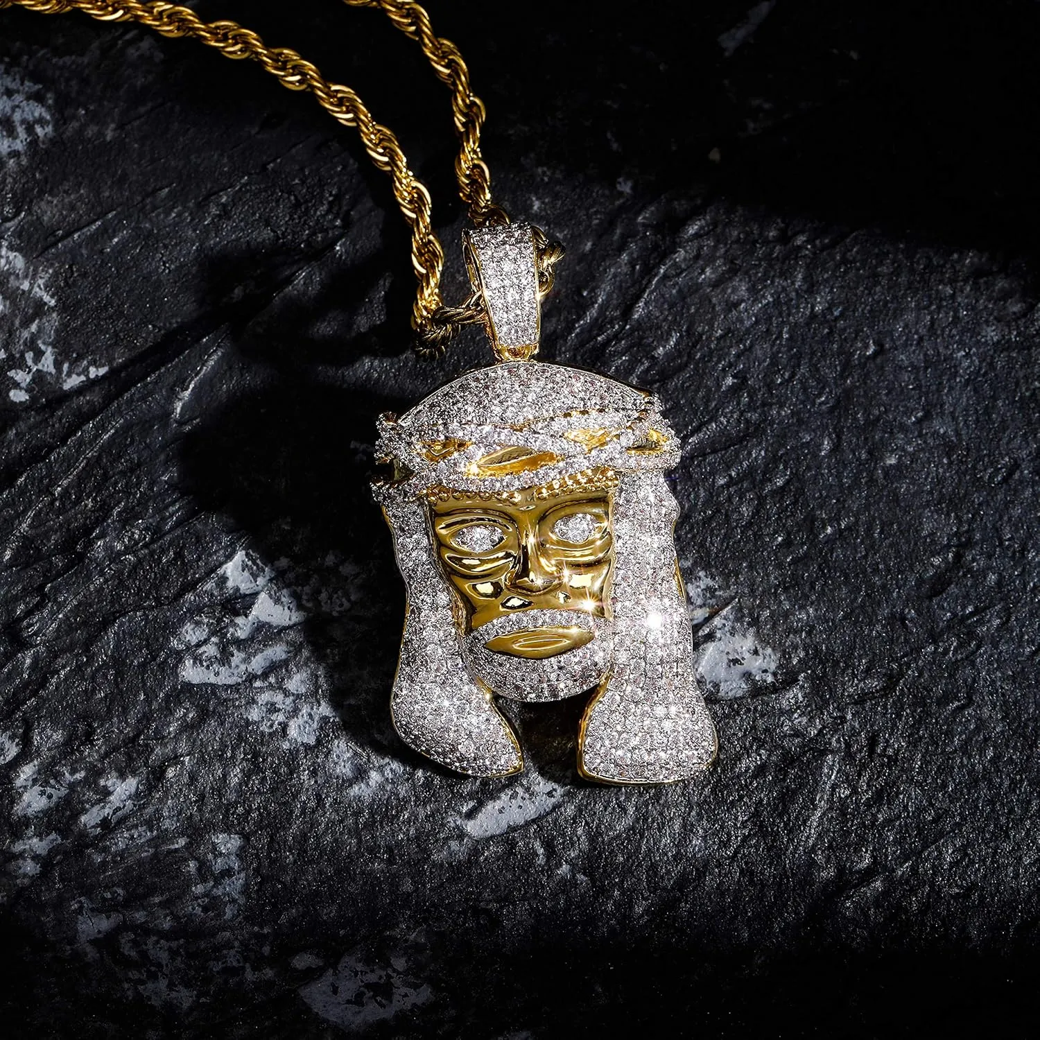 TOPGRILLZ Jesus Pendant Necklace Rope Gold Chain for Men Iced out 14K Gold Plated Simulated Diamond Chain Stainless Steel Chain 24 inch