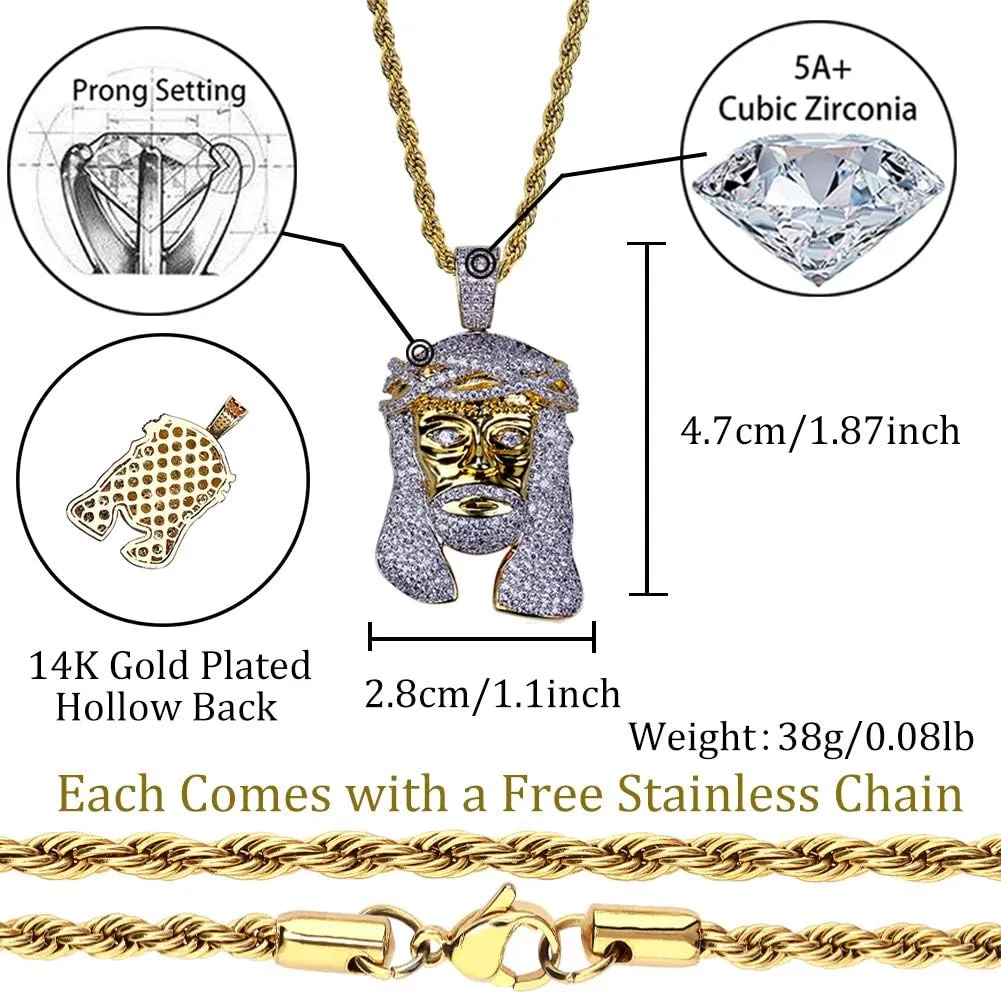 TOPGRILLZ Jesus Pendant Necklace Rope Gold Chain for Men Iced out 14K Gold Plated Simulated Diamond Chain Stainless Steel Chain 24 inch