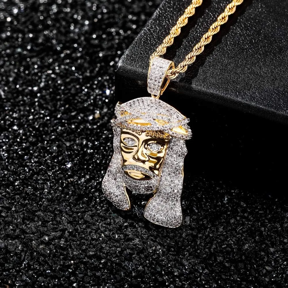 TOPGRILLZ Jesus Pendant Necklace Rope Gold Chain for Men Iced out 14K Gold Plated Simulated Diamond Chain Stainless Steel Chain 24 inch