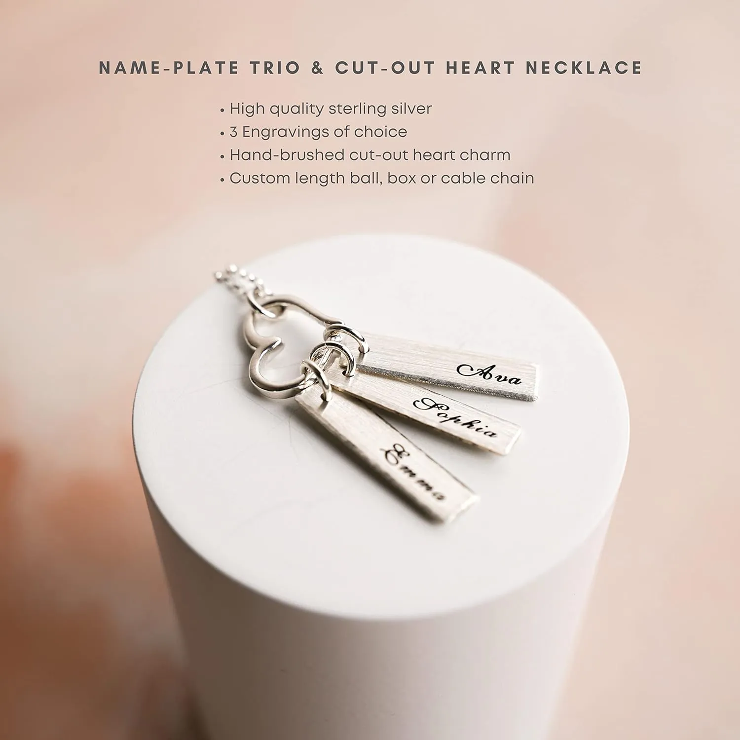 Triple Bar Sterling Silver Personalized Necklace with Heart Charm. Includes 3 Customizable Charms and your Choice of Sterling Silver Chain. Gifts for Her, Mom, Wife