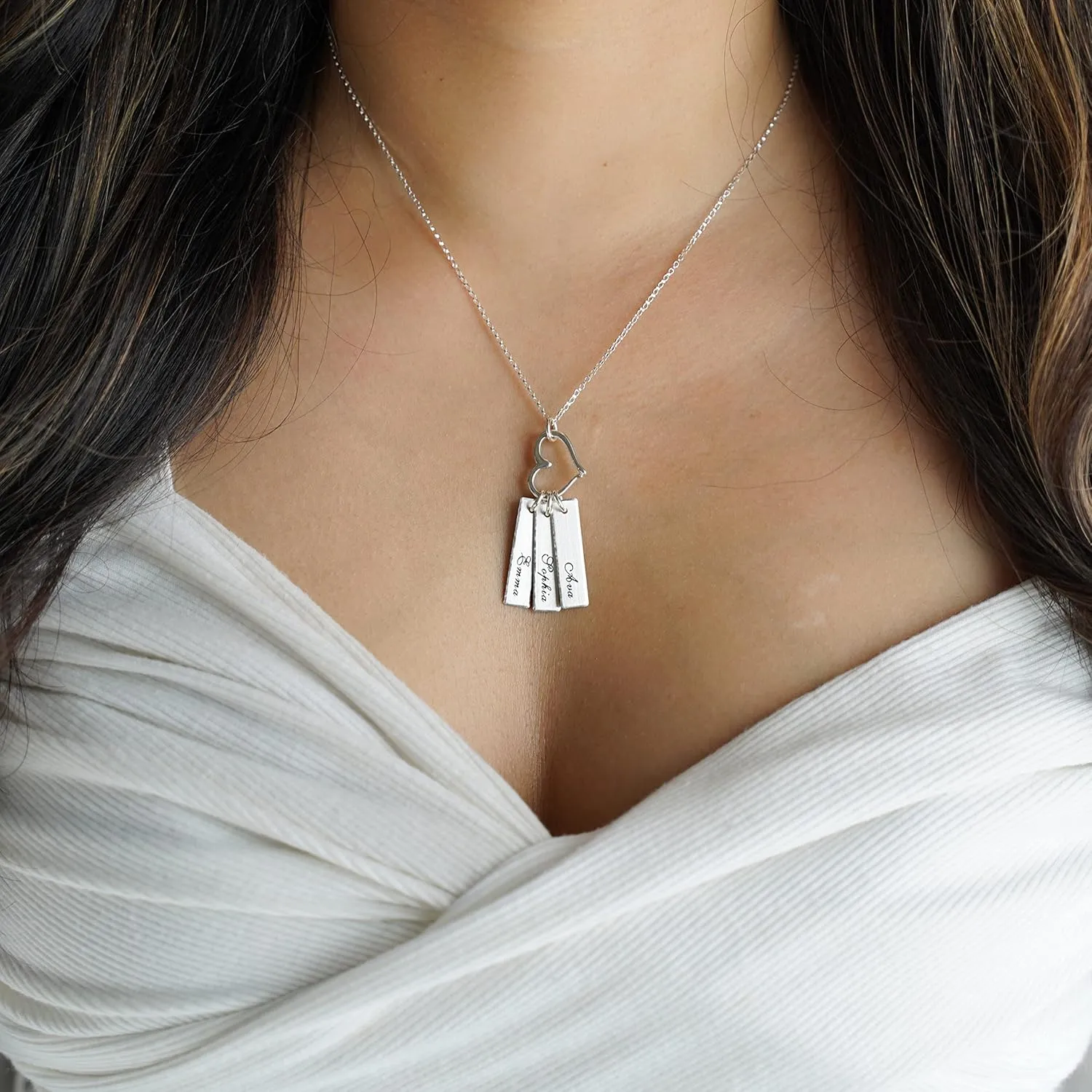 Triple Bar Sterling Silver Personalized Necklace with Heart Charm. Includes 3 Customizable Charms and your Choice of Sterling Silver Chain. Gifts for Her, Mom, Wife
