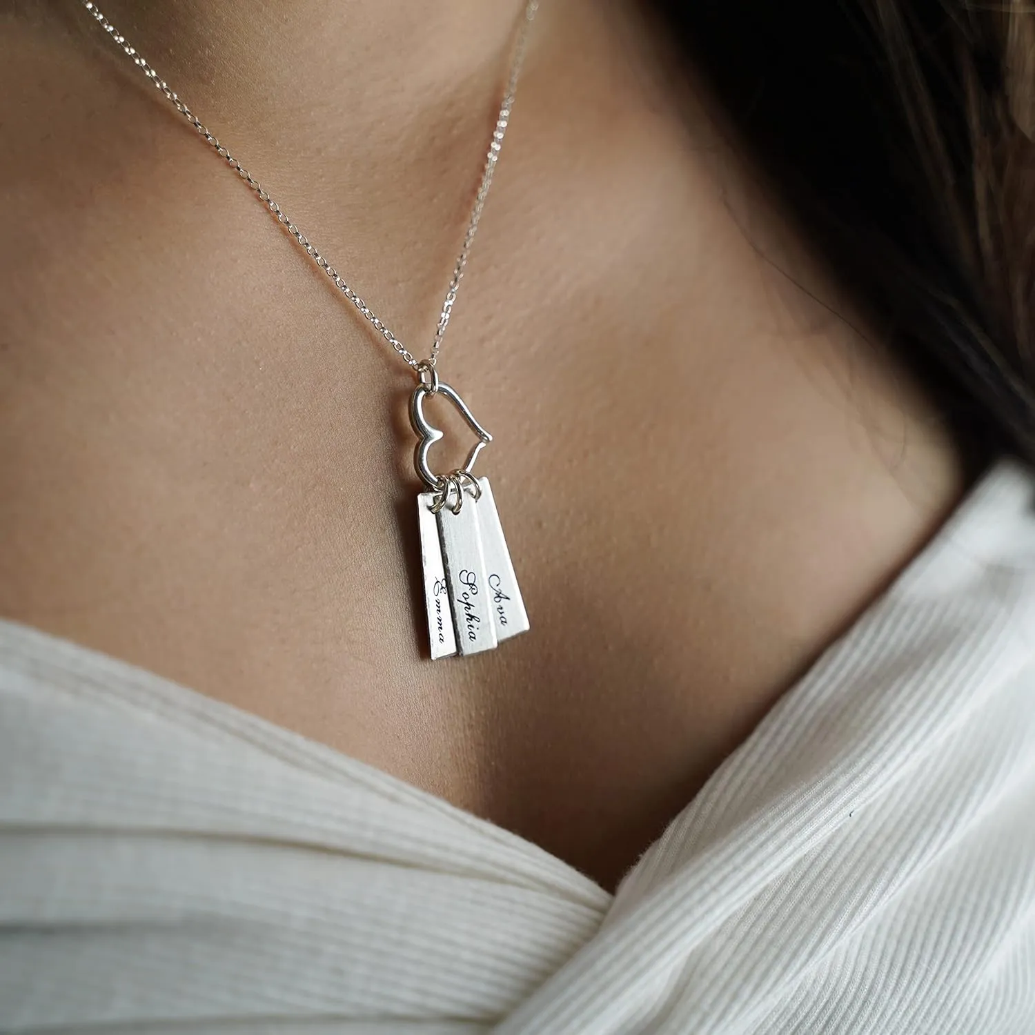 Triple Bar Sterling Silver Personalized Necklace with Heart Charm. Includes 3 Customizable Charms and your Choice of Sterling Silver Chain. Gifts for Her, Mom, Wife