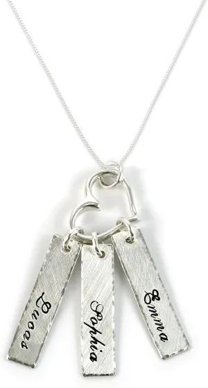 Triple Bar Sterling Silver Personalized Necklace with Heart Charm. Includes 3 Customizable Charms and your Choice of Sterling Silver Chain. Gifts for Her, Mom, Wife