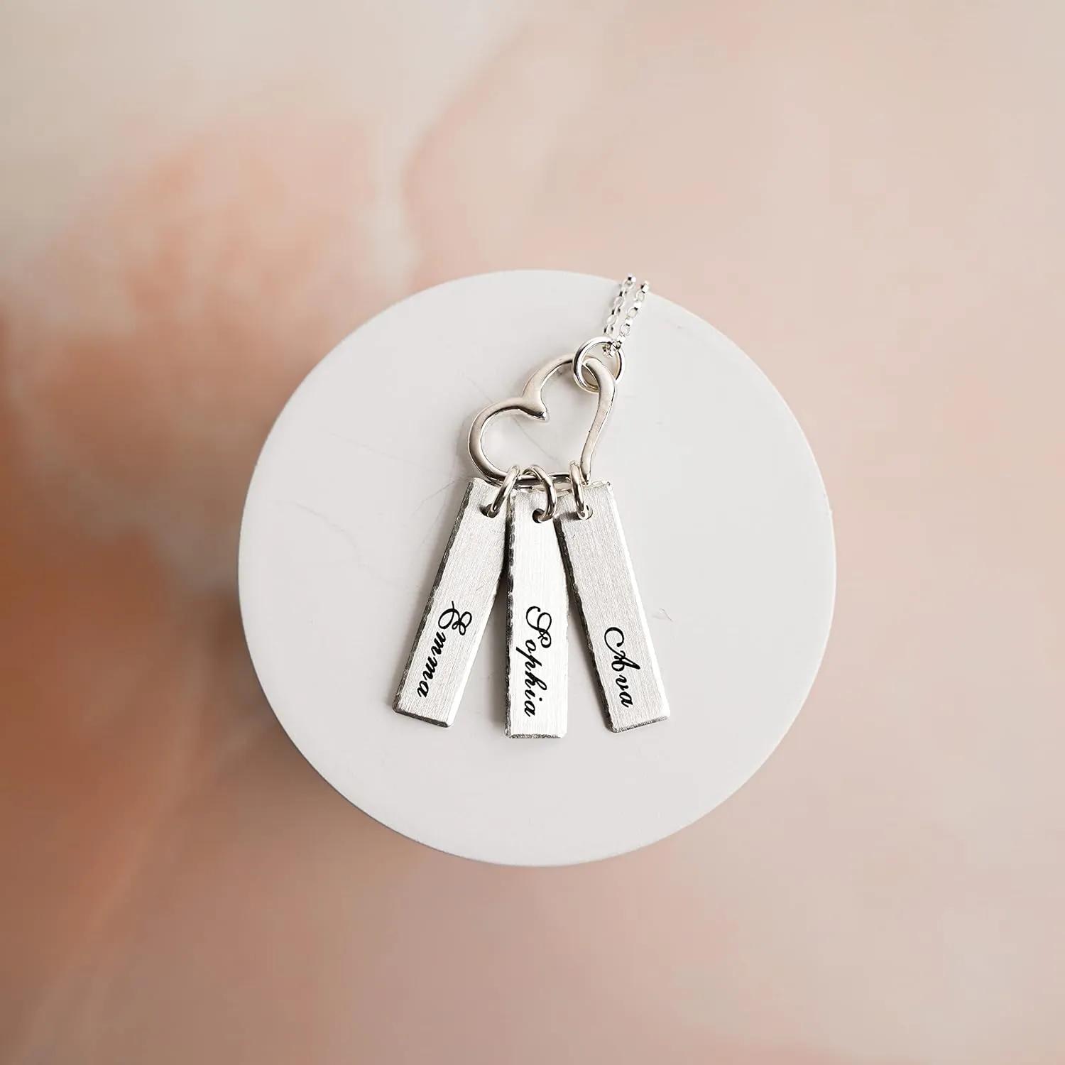 Triple Bar Sterling Silver Personalized Necklace with Heart Charm. Includes 3 Customizable Charms and your Choice of Sterling Silver Chain. Gifts for Her, Mom, Wife