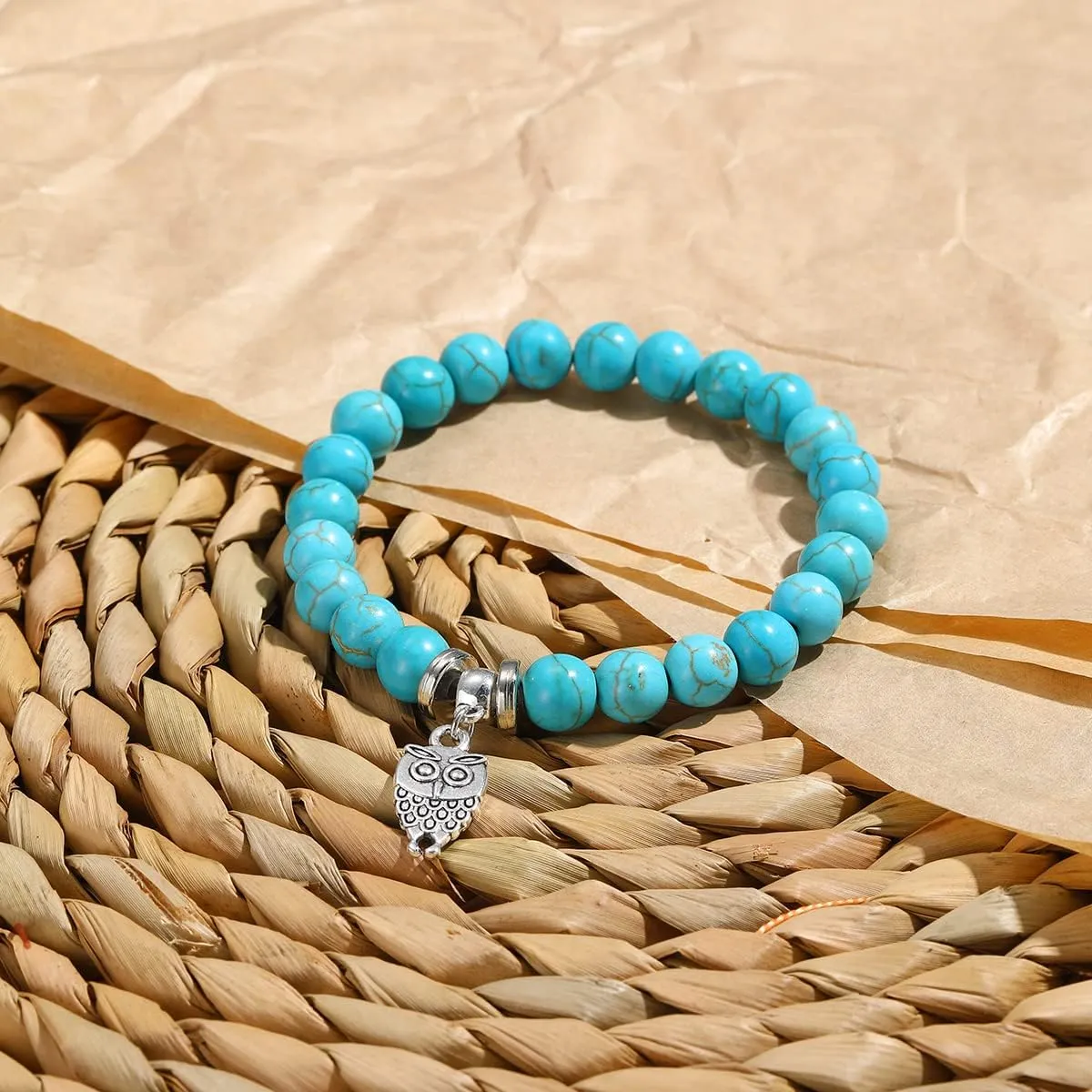 Turquoise Bracelet for Women,Healing Crystal Stone Stretch Round Bead Bracelets for Women Men Jewelry