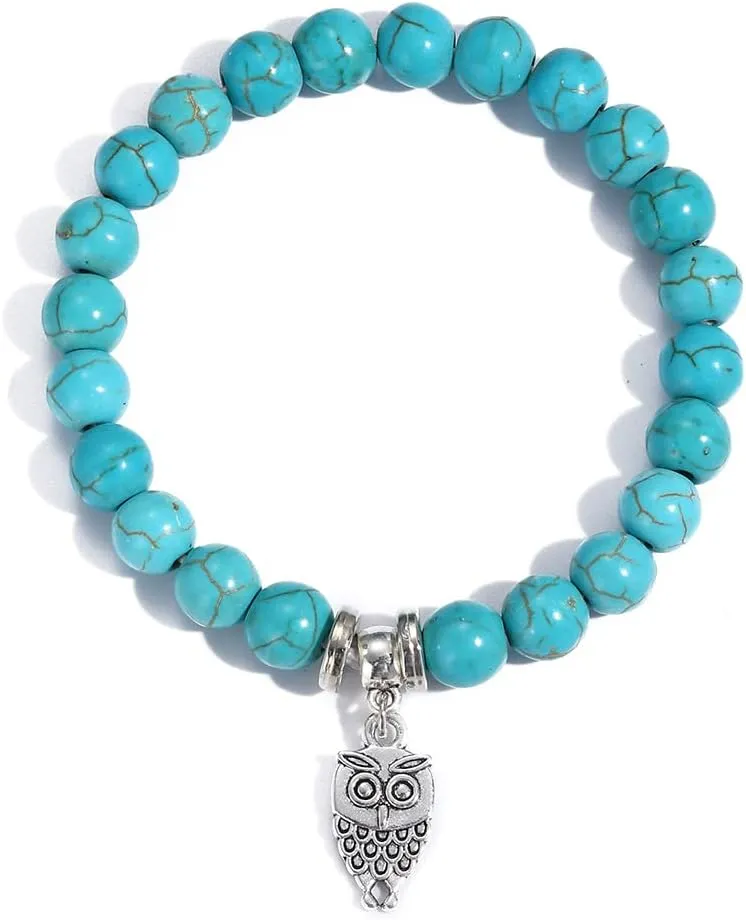 Turquoise Bracelet for Women,Healing Crystal Stone Stretch Round Bead Bracelets for Women Men Jewelry