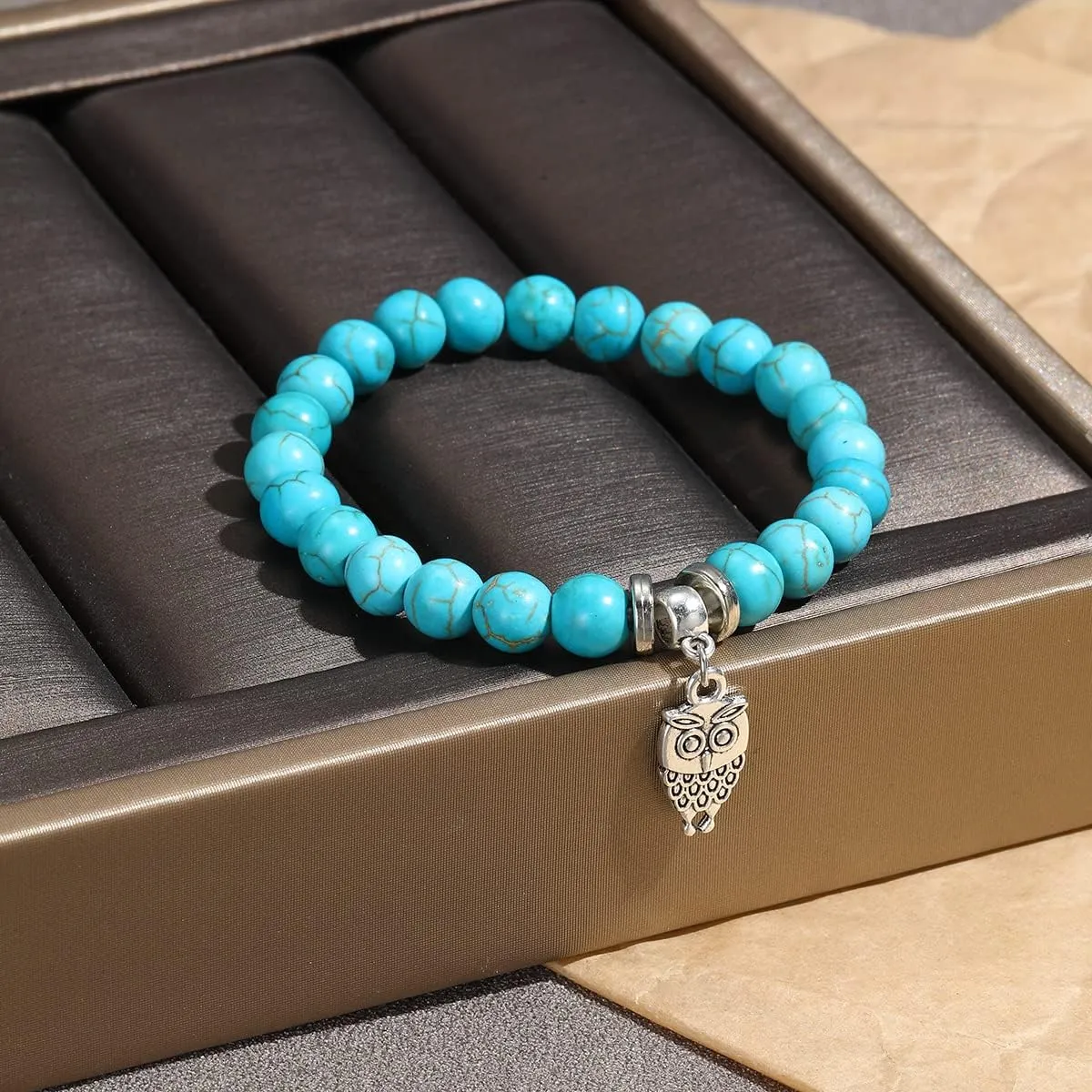 Turquoise Bracelet for Women,Healing Crystal Stone Stretch Round Bead Bracelets for Women Men Jewelry