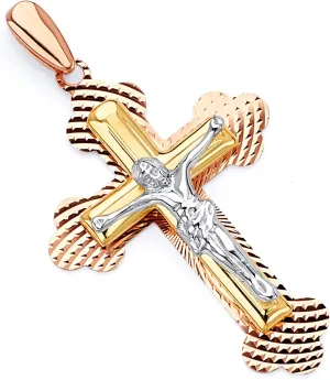TWJC 14k REAL Tri Color Gold Religious Crucifix Jesus Cross Charm Pendant