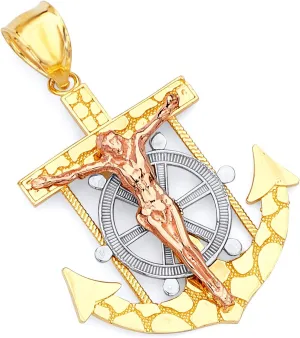 TWJC 14k REAL Tri Color Gold Religious Mariner Crucifix Jesus Cross Charm Pendant