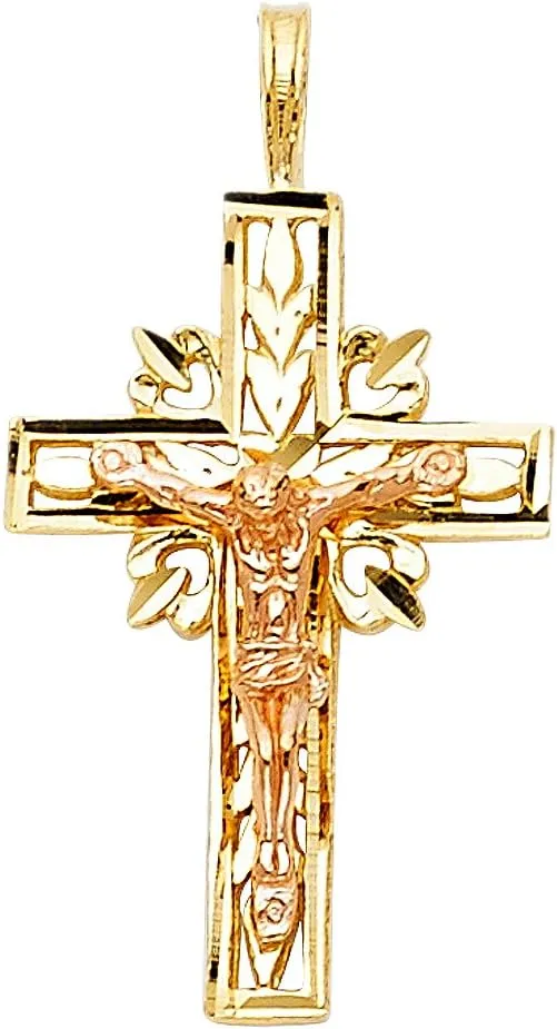 TWJC 14k REAL Two Tone Gold Religious Crucifix Jesus Cross Charm Pendant
